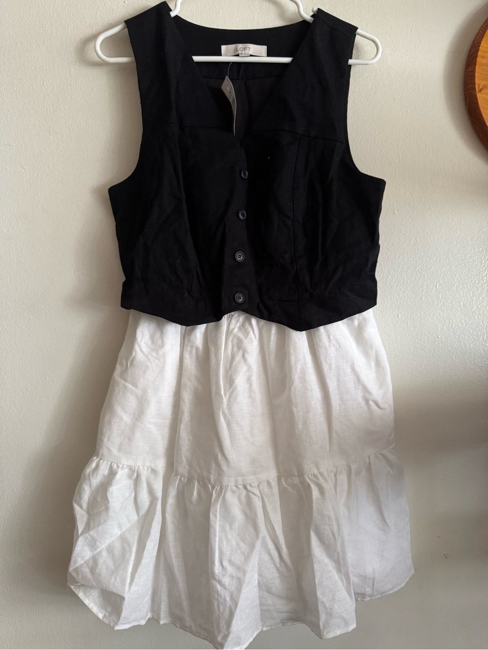 LOFT Black Bodice with White Tiered Midi Skirt Linen Blend Dress NWT